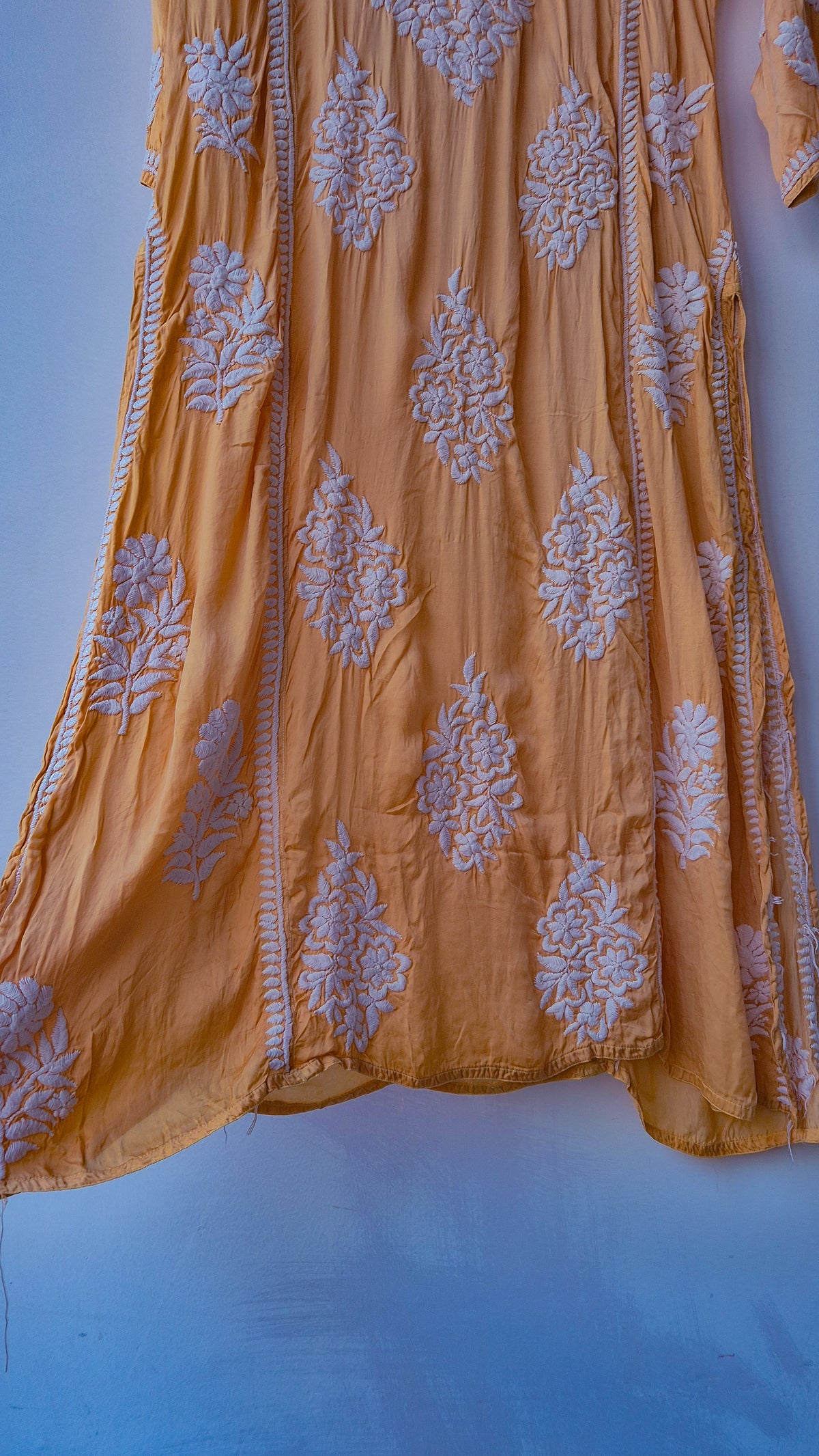 Bronze premium silk long chikankari kurta by LVW Fashions featuring intricate handmade Lucknow embroidery and A-line design.