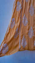 Bronze premium silk long kurta with intricate handmade Lucknow chikankari embroidery by LVW Fashions.