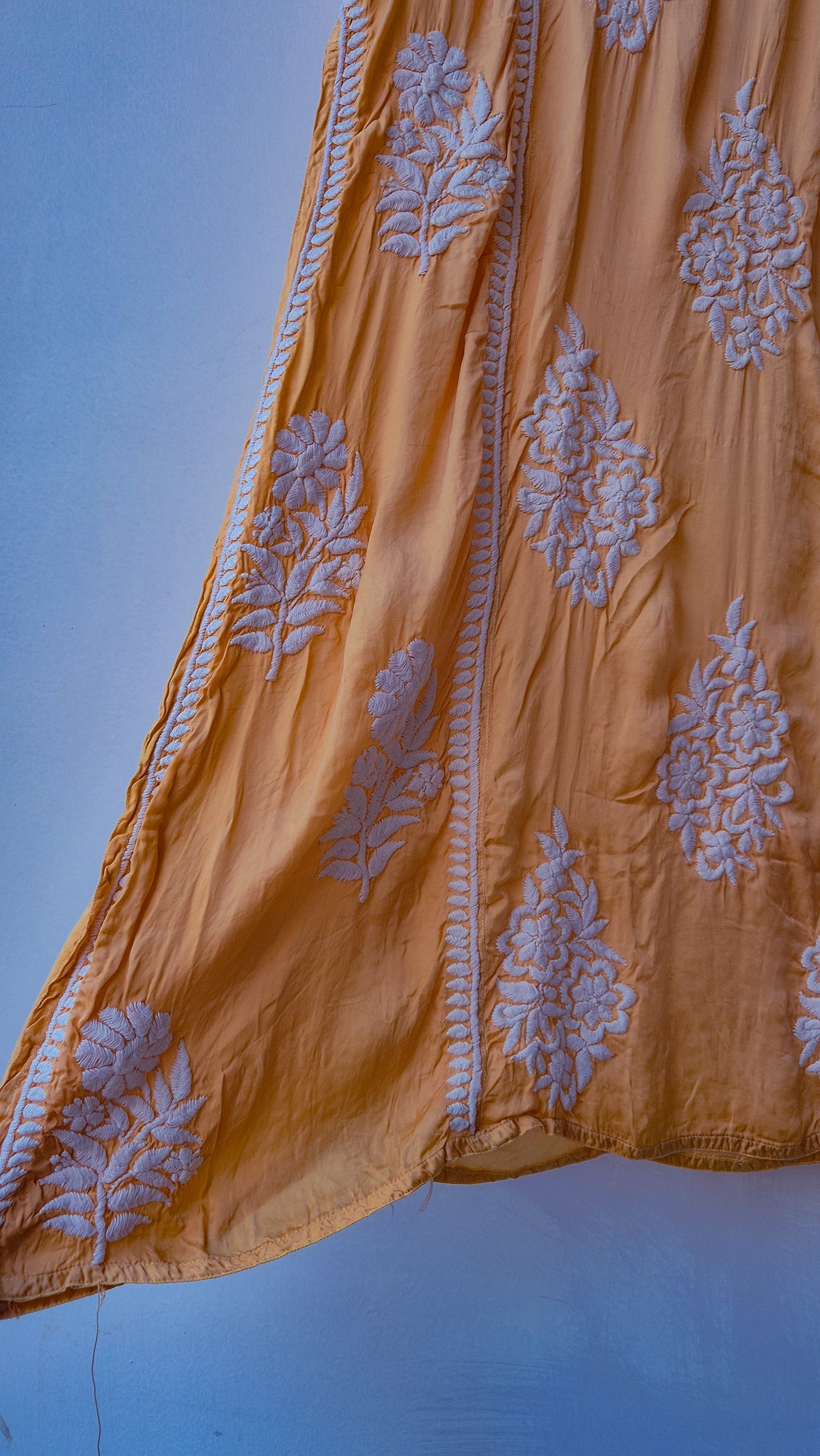 Bronze premium silk long kurta with intricate handmade Lucknow chikankari embroidery by LVW Fashions.