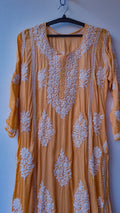 Bronze premium silk long kurta with intricate handmade chikankari embroidery from LVW Fashions, featuring an A-line design.