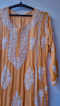 Bronze premium silk long Kurta with intricate handmade Lucknow Chikankari from LVW Fashions, featuring an A-line design.