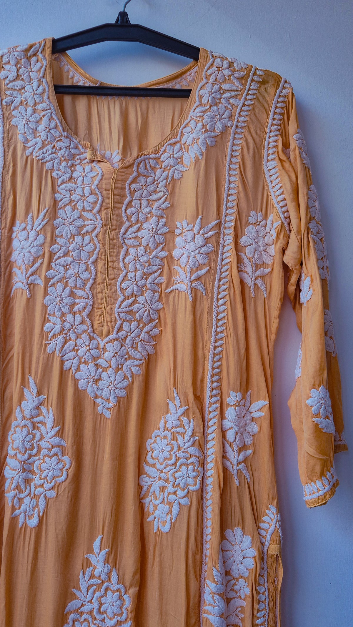Bronze premium silk long Kurta with intricate handmade Lucknow Chikankari from LVW Fashions, featuring an A-line design.