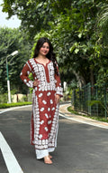 Luxurious brown Georgette long kurti with intricate handmade Chikankari embroidery by LVW Fashions, designed for women.