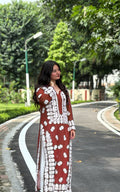 Luxurious brown Georgette long kurti with intricate handmade Chikankari embroidery by LVW Fashions, women’s traditional Lucknow-style dress.