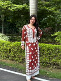 Luxurious brown Georgette long Kurti with intricate handmade Chikankari embroidery for women, featuring traditional Lucknow craftsmanship.