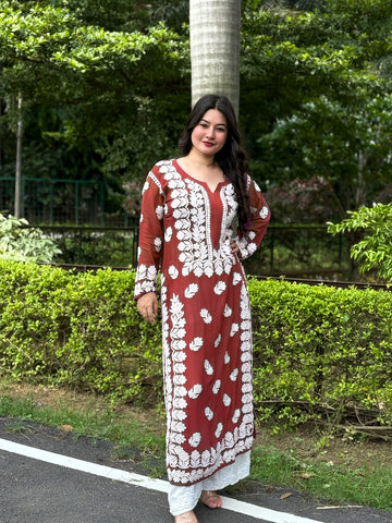 Luxurious brown Georgette long Kurti with intricate handmade Chikankari embroidery for women, featuring traditional Lucknow craftsmanship.