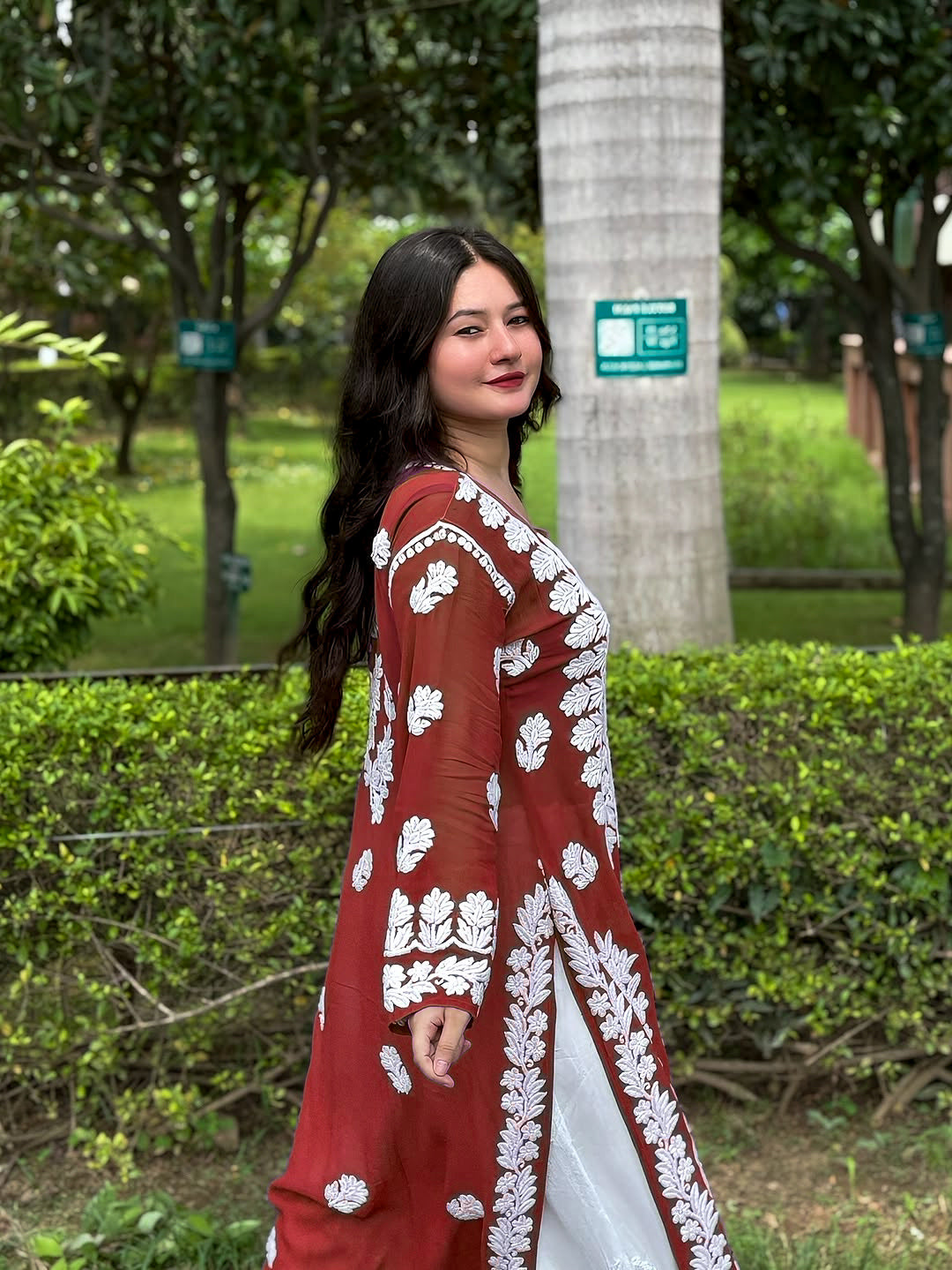 Luxurious brown georgette long kurti with intricate handmade Chikankari embroidery, designed for women by LVW Fashions.