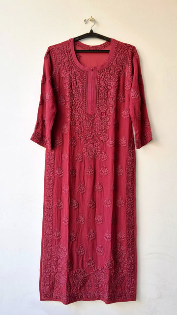 Burgundy premium georgette long kurta with intricate handmade Lucknow chikankari embroidery by LVW Fashions.