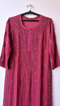 Burgundy premium georgette long kurta with intricate handmade chikankari embroidery from LVW Fashions, luxurious look.