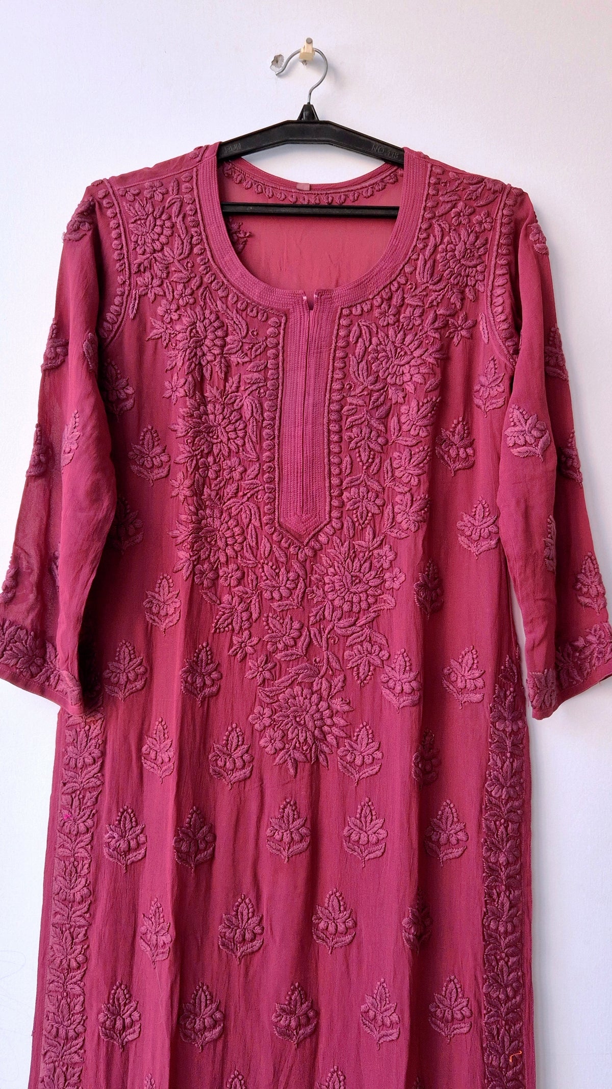 Burgundy premium georgette long kurta with intricate handmade chikankari embroidery from LVW Fashions, luxurious look.