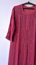 Burgundy luxury long georgette kurta with intricate handmade Lucknow chikankari embroidery by LVW Fashions.