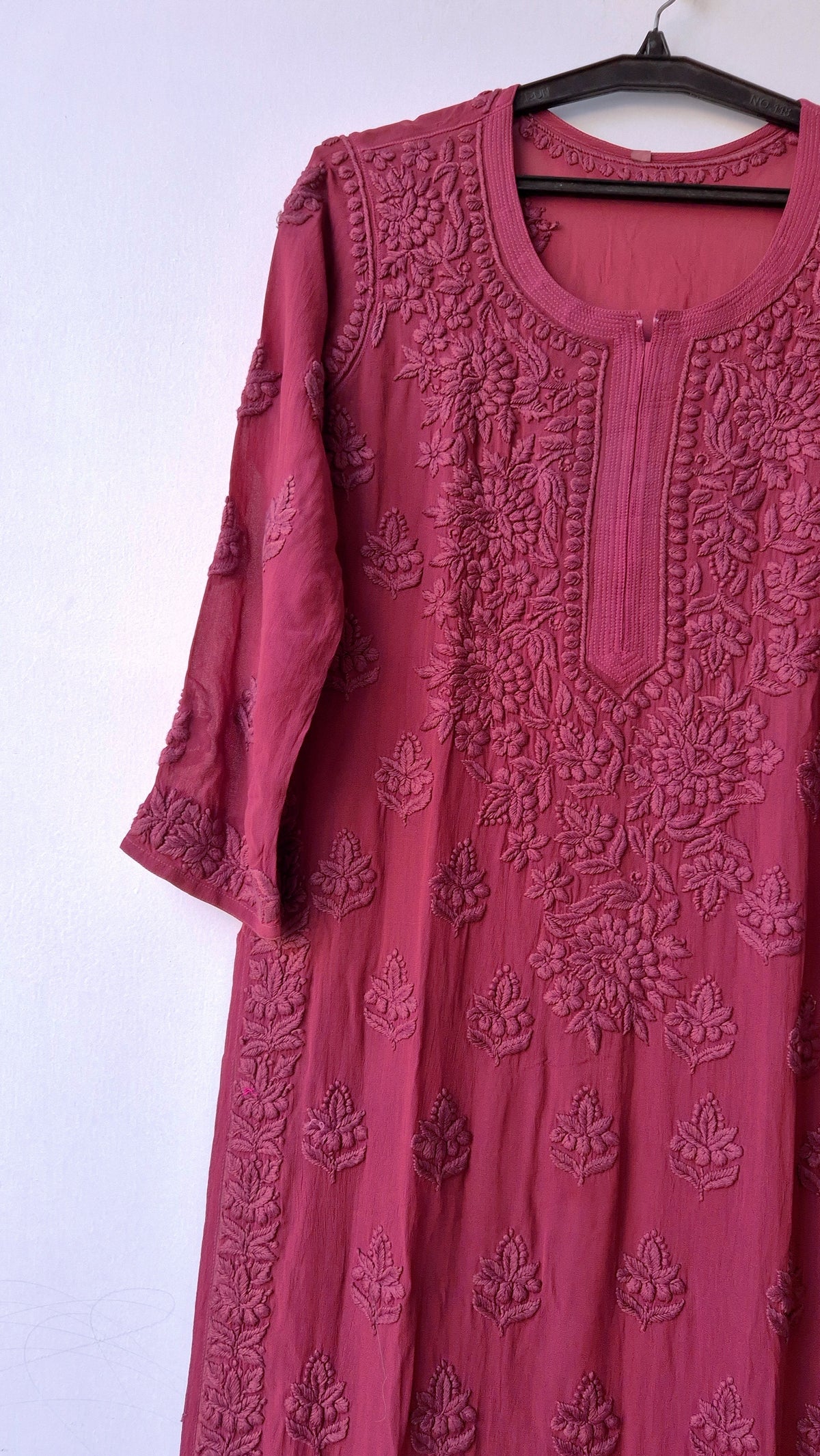 Burgundy luxury long georgette kurta with intricate handmade Lucknow chikankari embroidery by LVW Fashions.