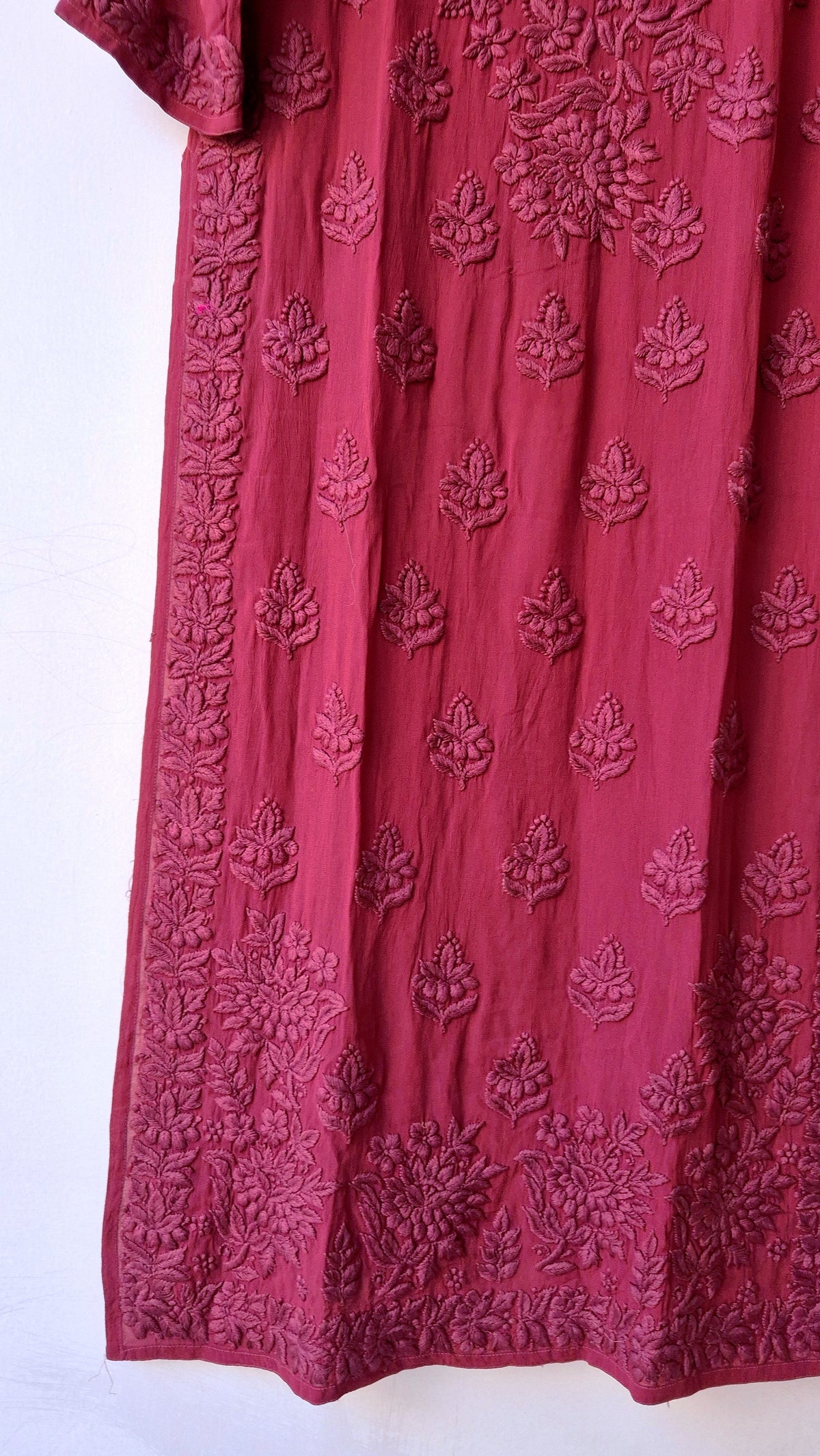 Burgundy luxurious long georgette kurta with intricate handmade Chikankari embroidery by LVW Fashions, traditional Lucknow style.