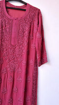 Burgundy premium georgette long kurta with intricate handmade Lucknow chikankari embroidery by LVW Fashions.