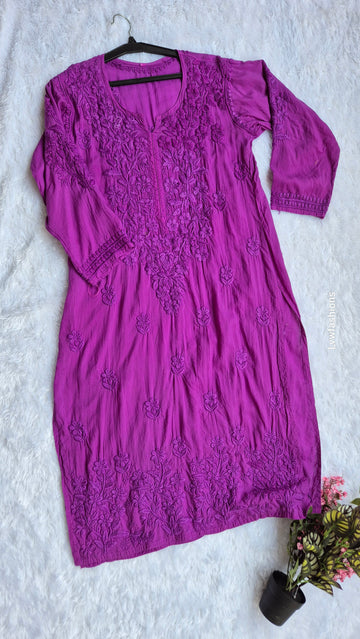 Handmade Byzantine modal cotton long Kurti with Lucknow Chikankari embroidery by LVW Fashions, featuring intricate hand-stitched details.