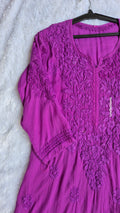 Handmade Byzantine modal cotton long Kurti with intricate Lucknow Chikankari embroidery by LVW Fashions.