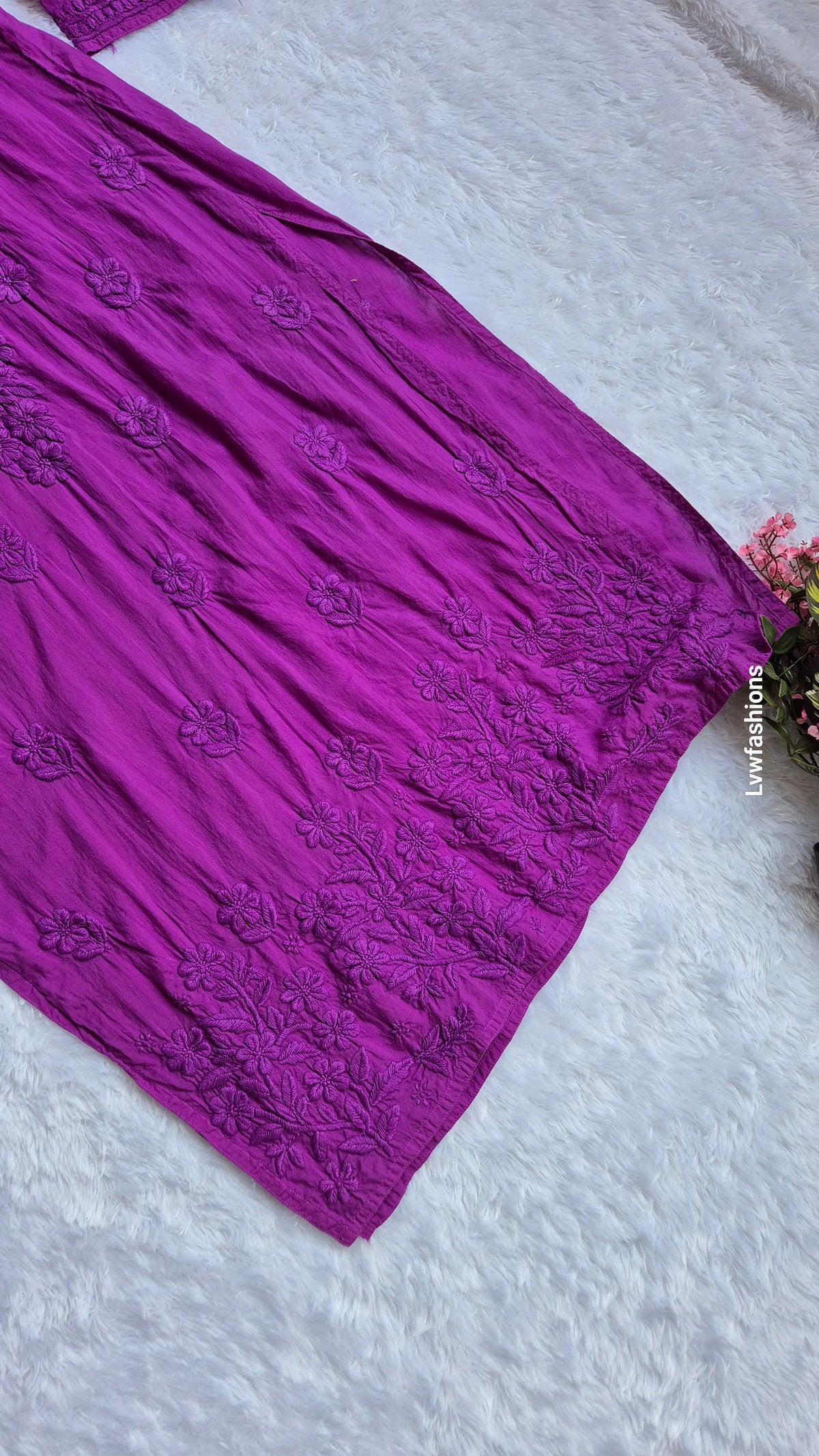 Handmade Byzantine modal soft cotton long Kurti with intricate Lucknow Chikankari embroidery by LVW Fashions.