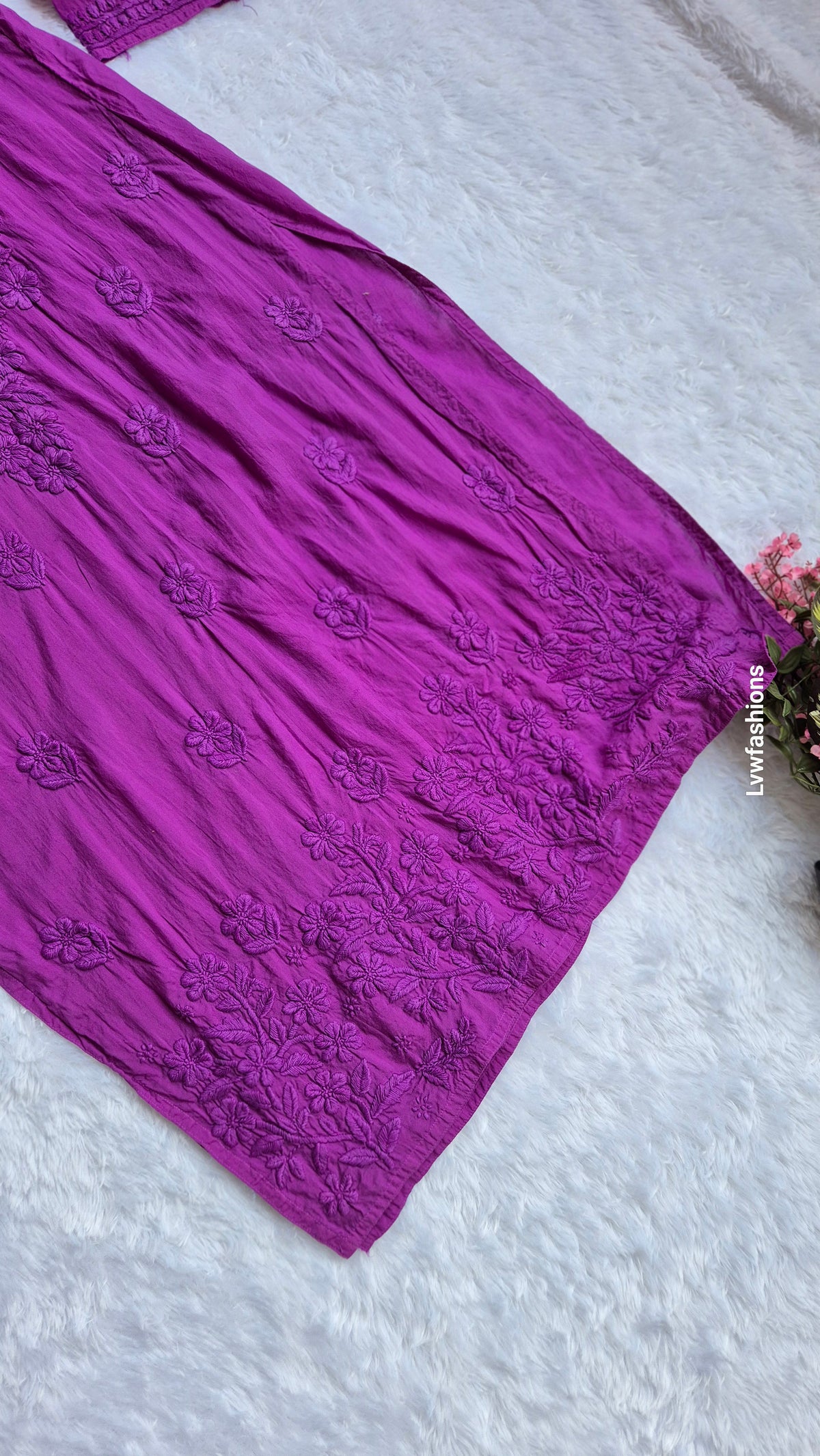 Handmade Byzantine modal cotton long kurti with intricate Lucknow Chikankari embroidery by LVW Fashions.
