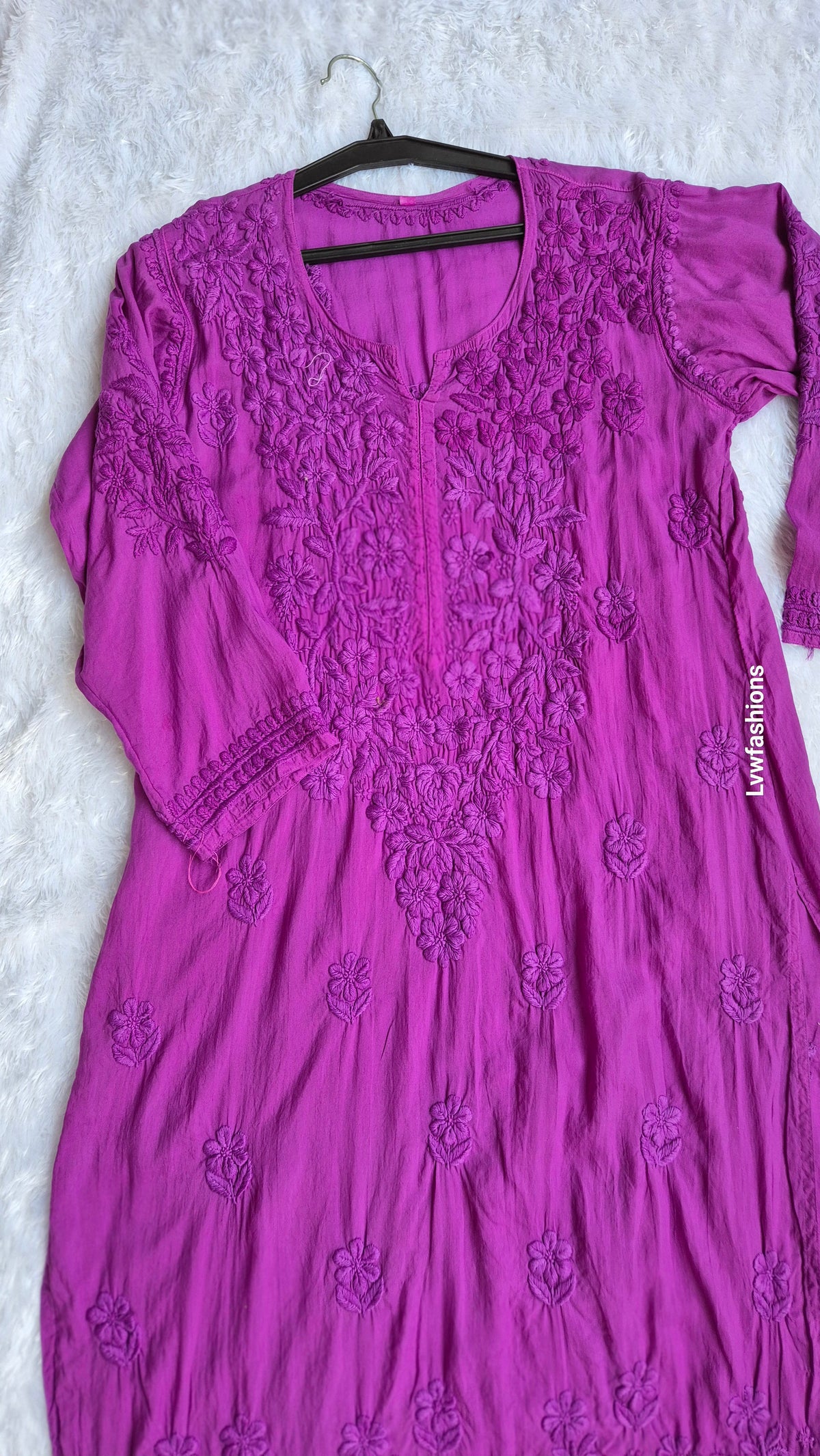 Handmade Byzantine Modal Cotton Chikankari Long Kurti by LVW Fashions featuring intricate Lucknow Chikankari embroidery.