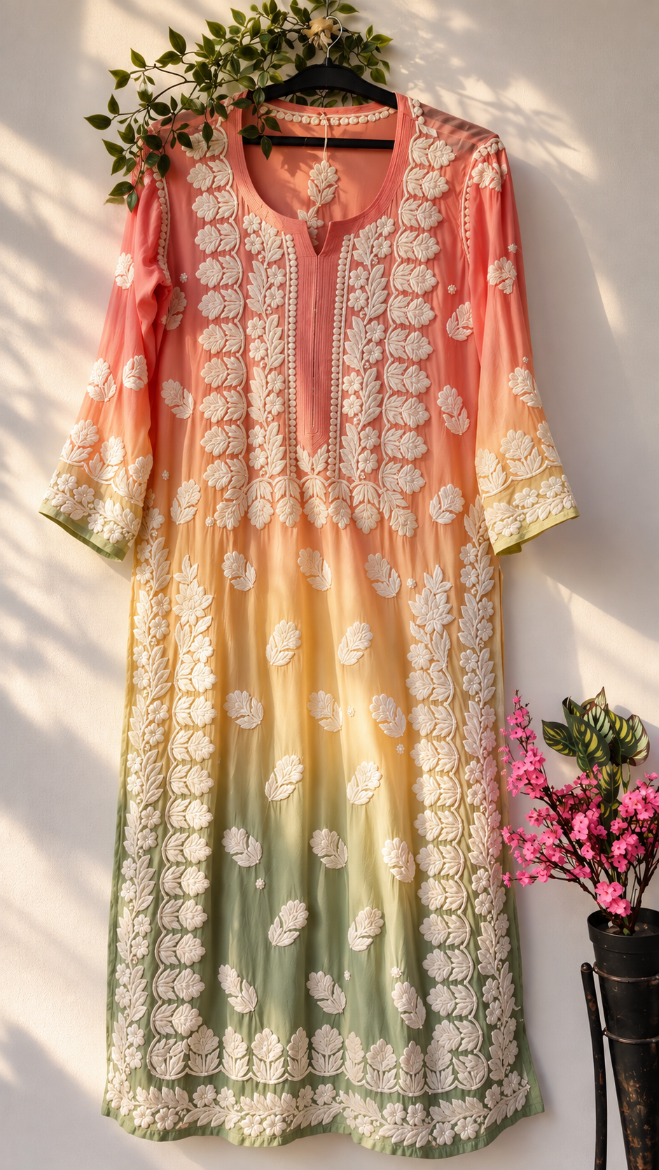 A three-quarter sleeve kurta with a vertical gradient transitioning from coral pink at the top, through warm yellow, to sage green at the bottom. It features intricate cream-colored floral embroidery and border detailing, hanging on a black hanger against a white wall with decorative plants.
