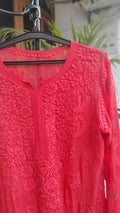 Cardinal shade lightweight Chikankari embroidery handmade kurta by LVW Fashions, traditional Lucknow Chikankari design.