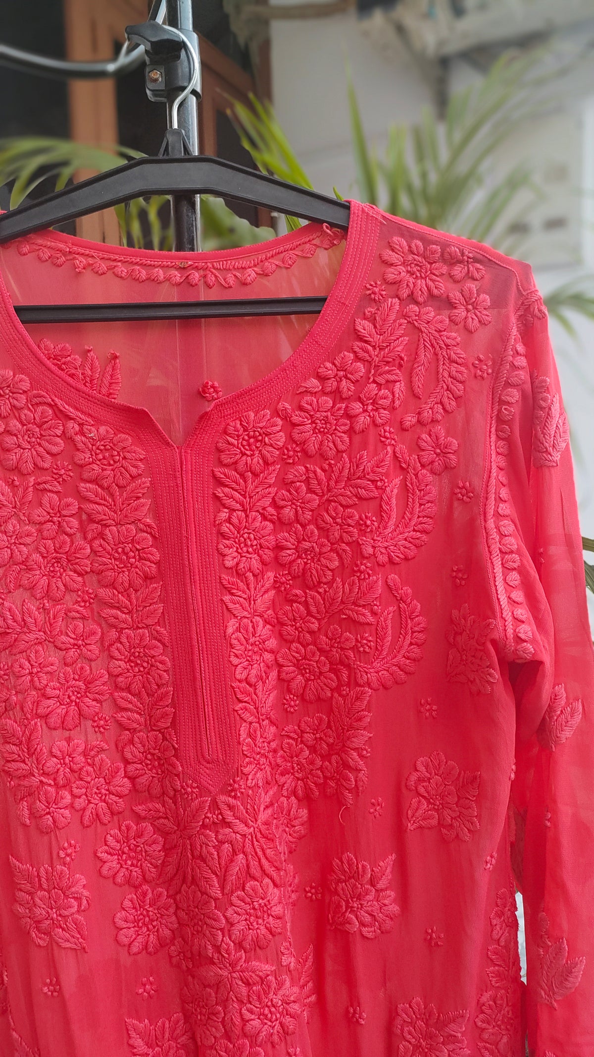 Cardinal shade lightweight Chikankari embroidery handmade kurta by LVW Fashions, traditional Lucknow Chikankari design.