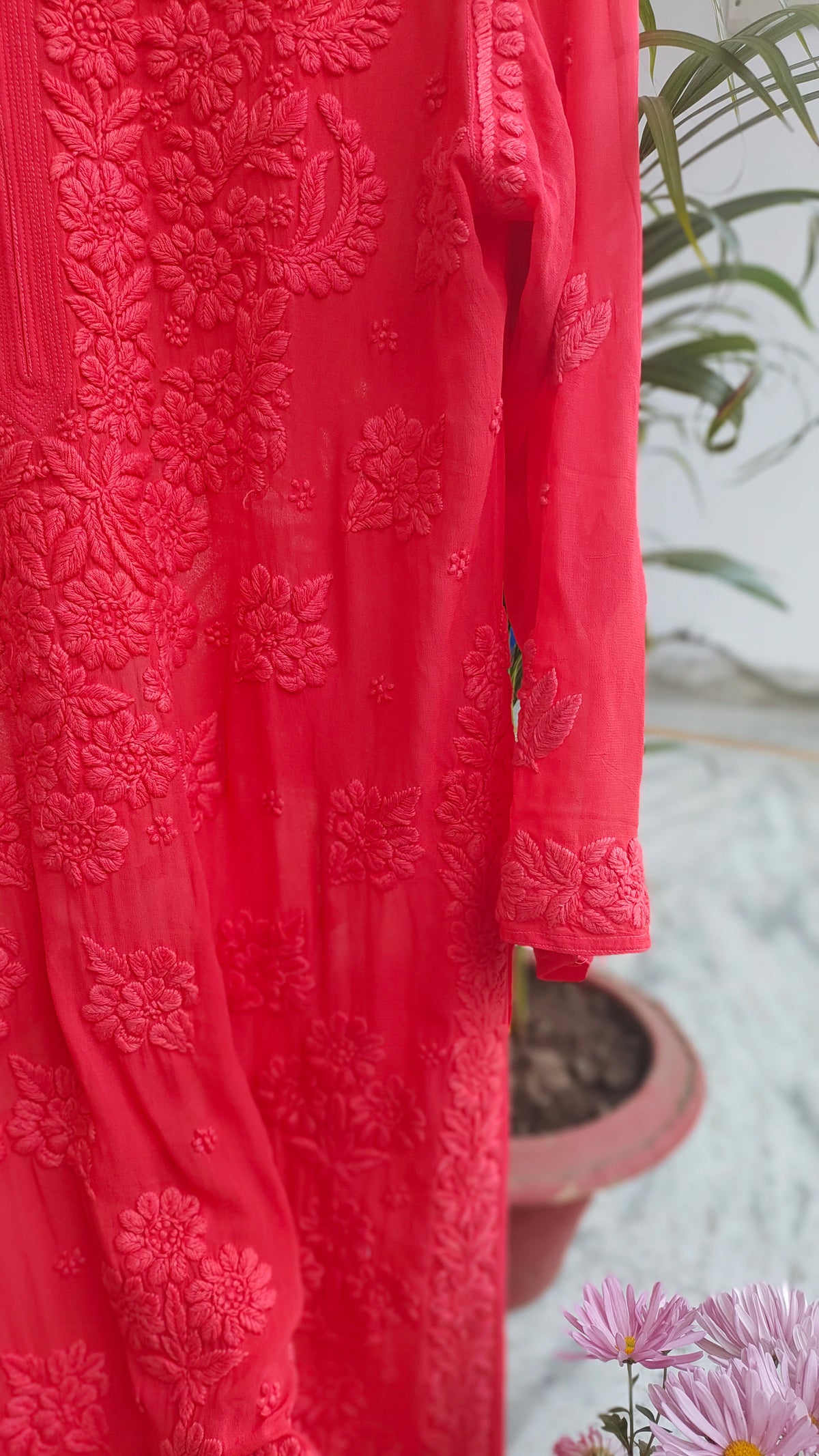 Cardinal shade LVW Fashions handmade Chikankari kurta with heavy embroidery, lightweight fabric, traditional Lucknow Chikankari design.