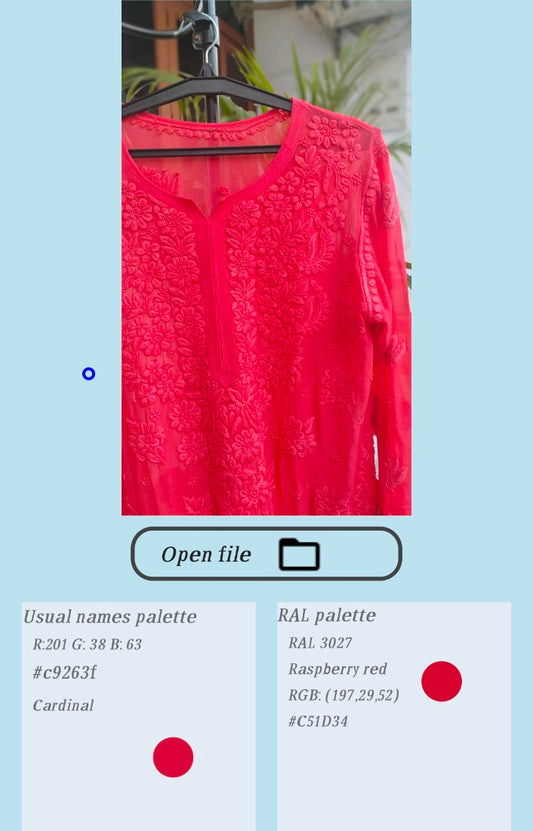 Handmade Lucknow Chikankari kurta in cardinal shade with heavy embroidery and lightweight fabric by LVW Fashions.