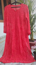 Lightweight Cardinal shade Kurta with heavy Chikankari embroidery, handmade in Lucknow by LVW Fashions.