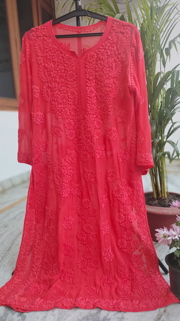 Lightweight Cardinal shade Kurta with heavy Chikankari embroidery, handmade in Lucknow by LVW Fashions.