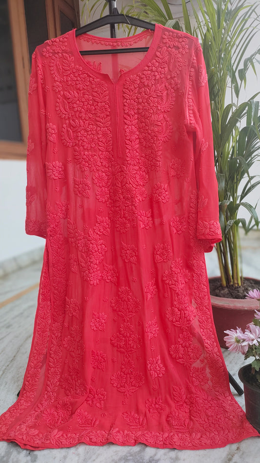 Lightweight Cardinal shade Kurta with heavy Chikankari embroidery, handmade in Lucknow by LVW Fashions.