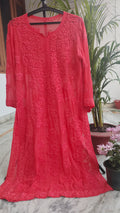Handmade Lucknow Chikankari kurta in cardinal shade with heavy embroidery and lightweight fabric by LVW Fashions.