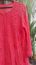 Handmade Lucknow Chikankari kurta in cardinal shade with heavy embroidery and lightweight fabric by LVW Fashions.