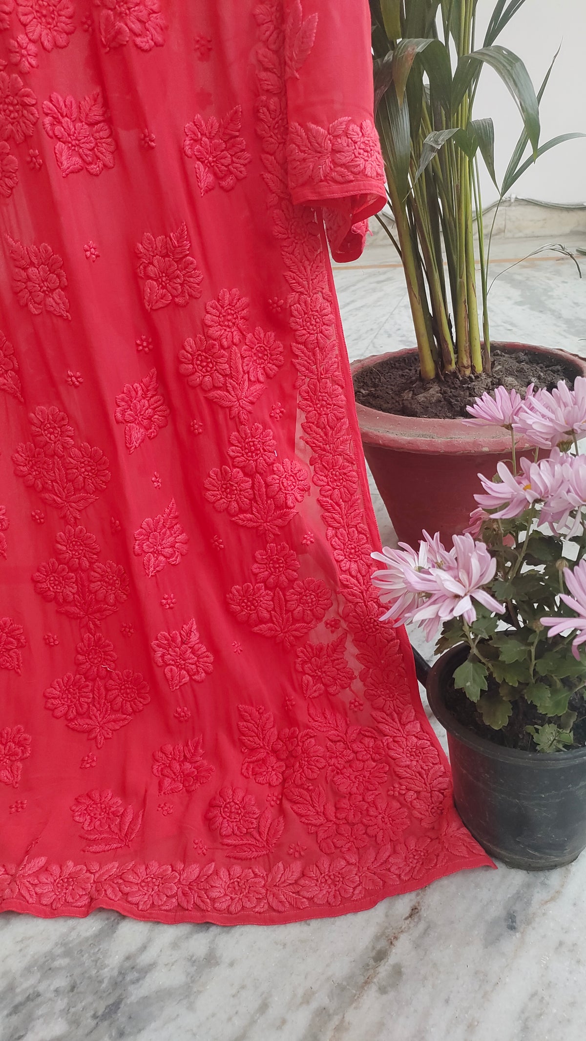 Cardinal shade handmade Chikankari kurta by LVW Fashions featuring heavy embroidery and lightweight fabric, traditional Lucknow design.