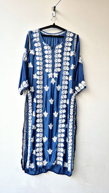 Cerulean blue silk long kurta with intricate handmade Chikankari embroidery by LVW Fashions, traditional Lucknow style.