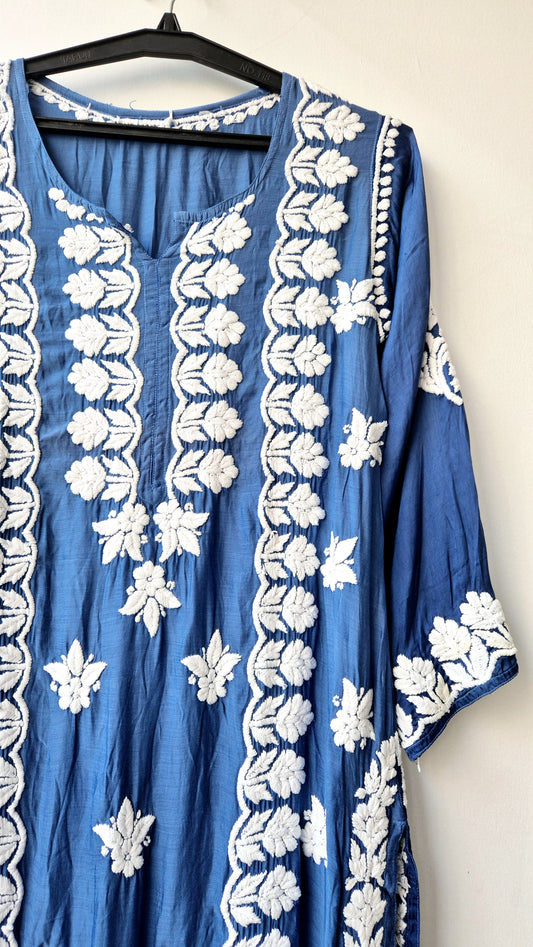 Cerulean Blue Silk Chikankari Long Kurta by LVW Fashions, handmade Lucknow embroidery, featuring intricate chikankari details.