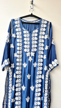 Cerulean Blue premium silk long kurta with intricate handmade Chikankari embroidery by LVW Fashions, featuring traditional Lucknow craftsmanship.
