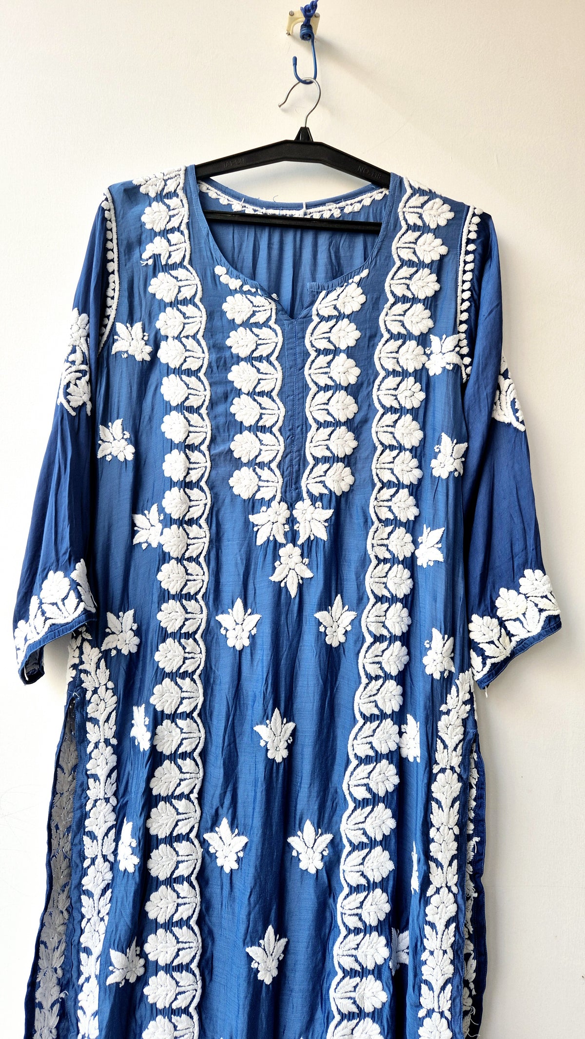 Cerulean Blue premium silk long kurta with intricate handmade Chikankari embroidery by LVW Fashions, featuring traditional Lucknow craftsmanship.