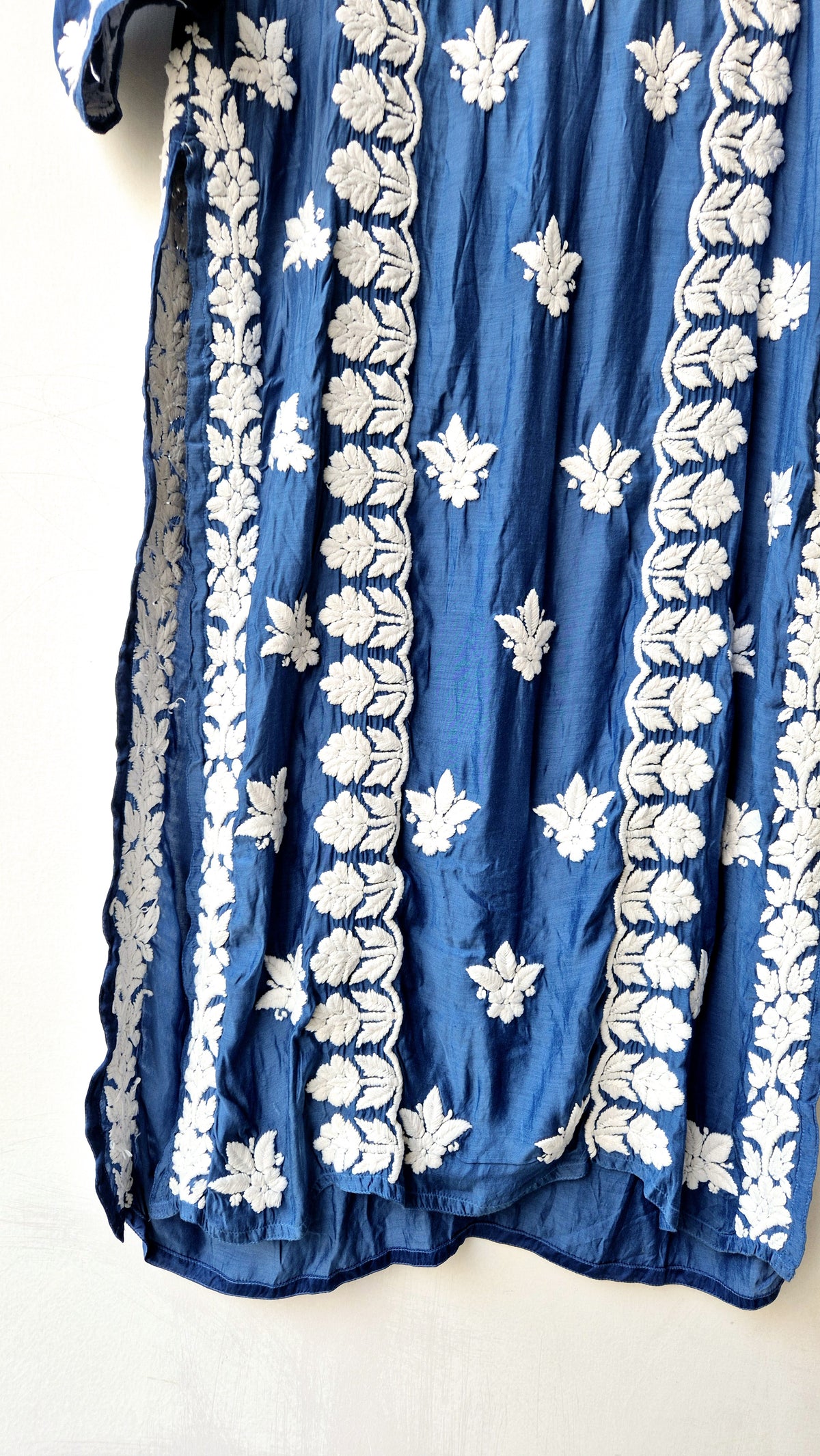 Cerulean blue premium silk long kurta with intricate handmade chikankari embroidery from LVW Fashions.