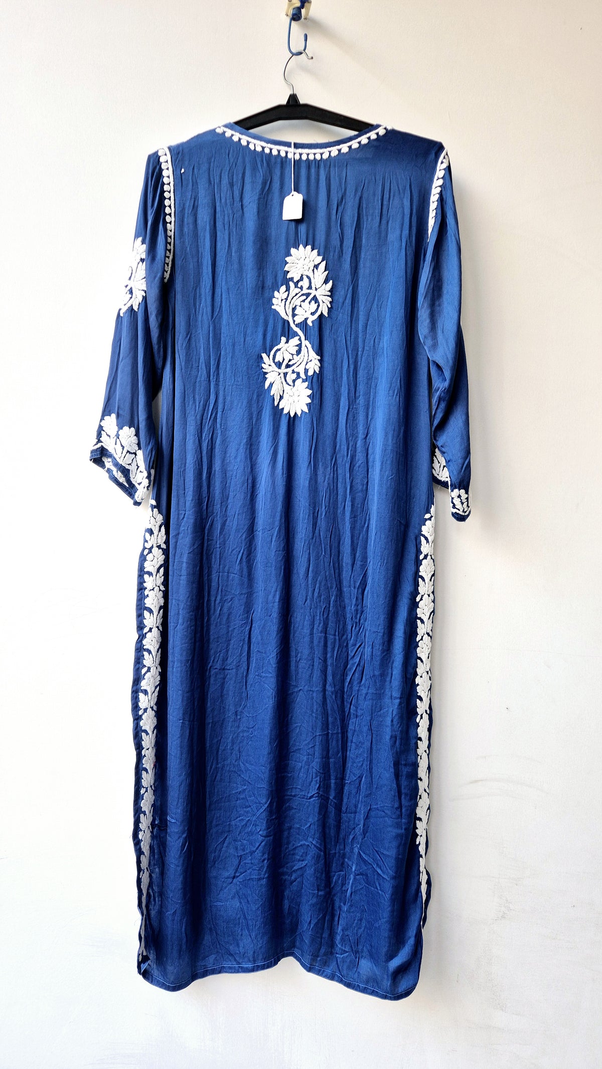 Cerulean blue silk long kurta with intricate handmade chikankari embroidery by LVW Fashions, traditional Lucknow craftsmanship.