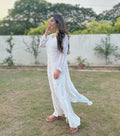 White Chand Wala premium Chikankari kurta by LVW Fashions with intricate neck and daman embroidery, handmade Lucknow Chikankari.