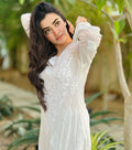 White Chand Wala Safed premium Chikankari Kurta with intricate neck and daman embroidery, handmade by LVW Fashions from Lucknow.