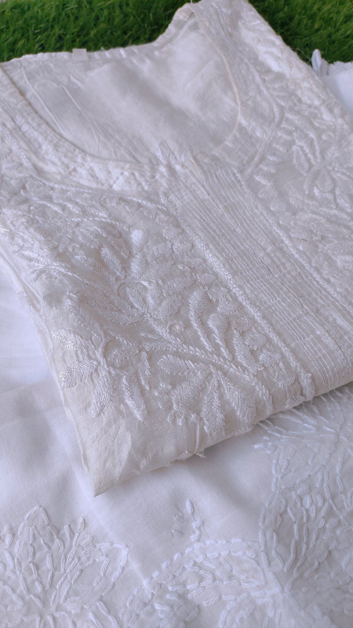 Handmade Chanderi Chikankari embroidery kurta by LVW Fashions, featuring intricate Lucknow Chikankari craftsmanship.
