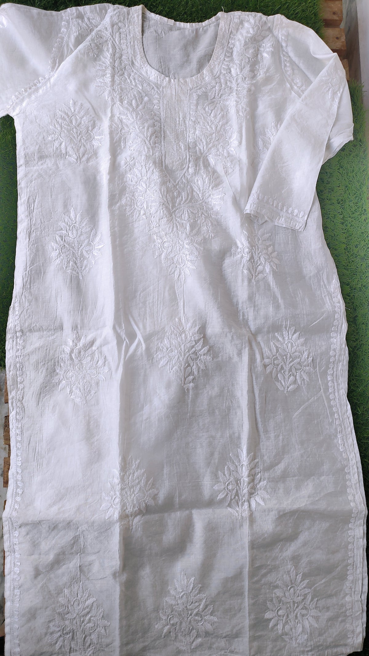 Handmade Chanderi Chikankari embroidery kurta by LVW Fashions, featuring intricate Lucknow Chikankari craftsmanship.