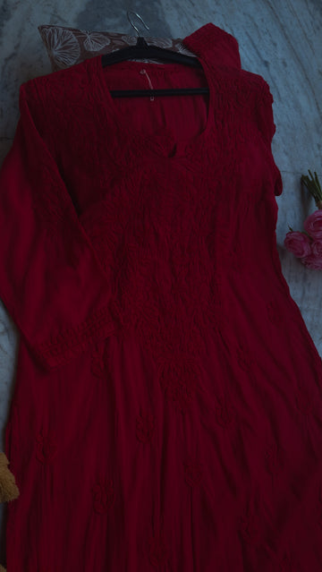 Cherry red LVW Fashions premium modal cotton chikankari Kurta with intricate Lucknow embroidery, non-transparent and soft fabric.