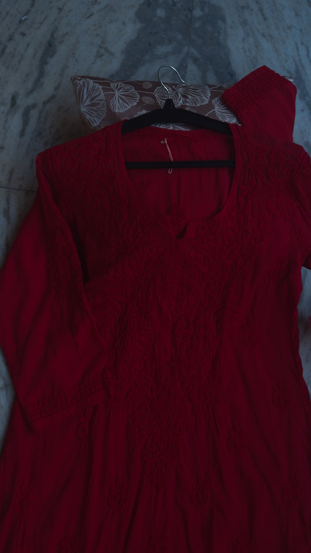 Cherry red LVW Fashions premium modal cotton chikankari kurta with intricate Lucknow hand embroidery, non-transparent and soft.