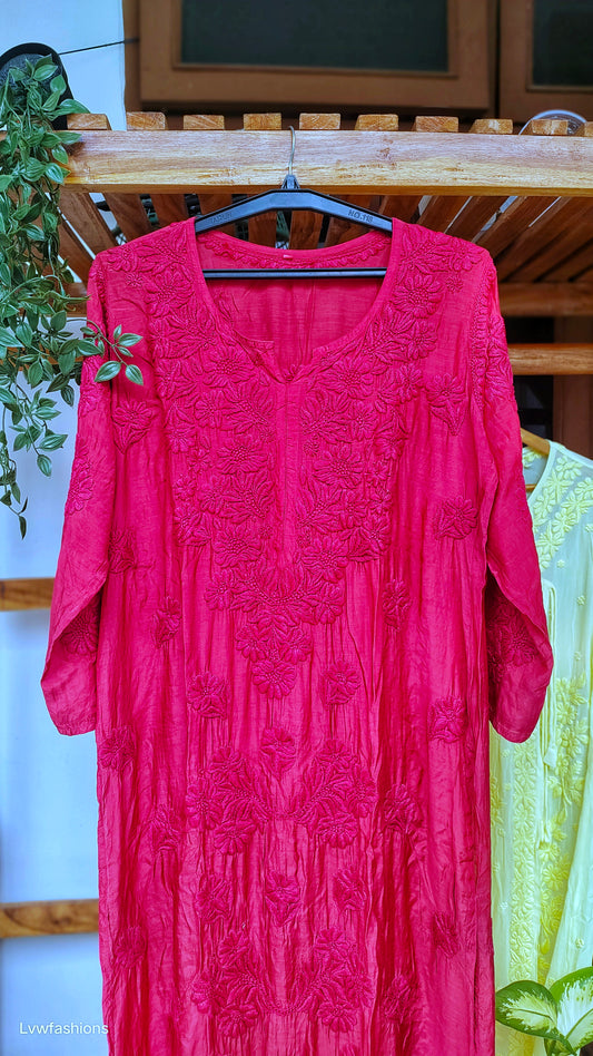Cherry red LVW Fashions silk Chikankari long kurta with intricate hand embroidery, traditional Lucknow-style craftsmanship.