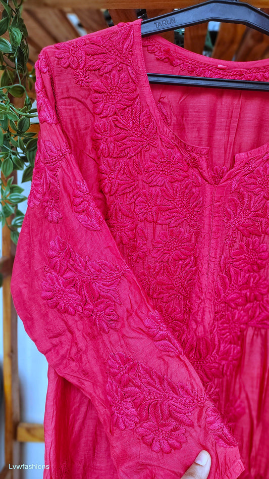 Cherry red premium silk Chikankari long kurta by LVW Fashions, featuring intricate hand embroidery and Lucknow-style craftsmanship.