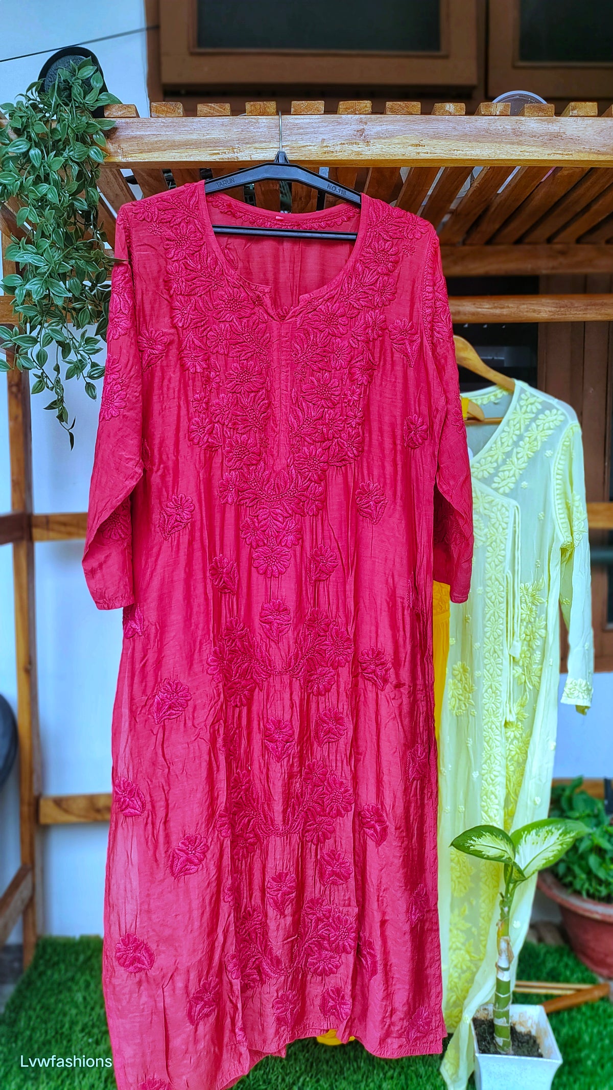 Cherry red LVW Fashions silk Chikankari long kurta with intricate hand embroidery, traditional Lucknow style, crafted from premium silk.
