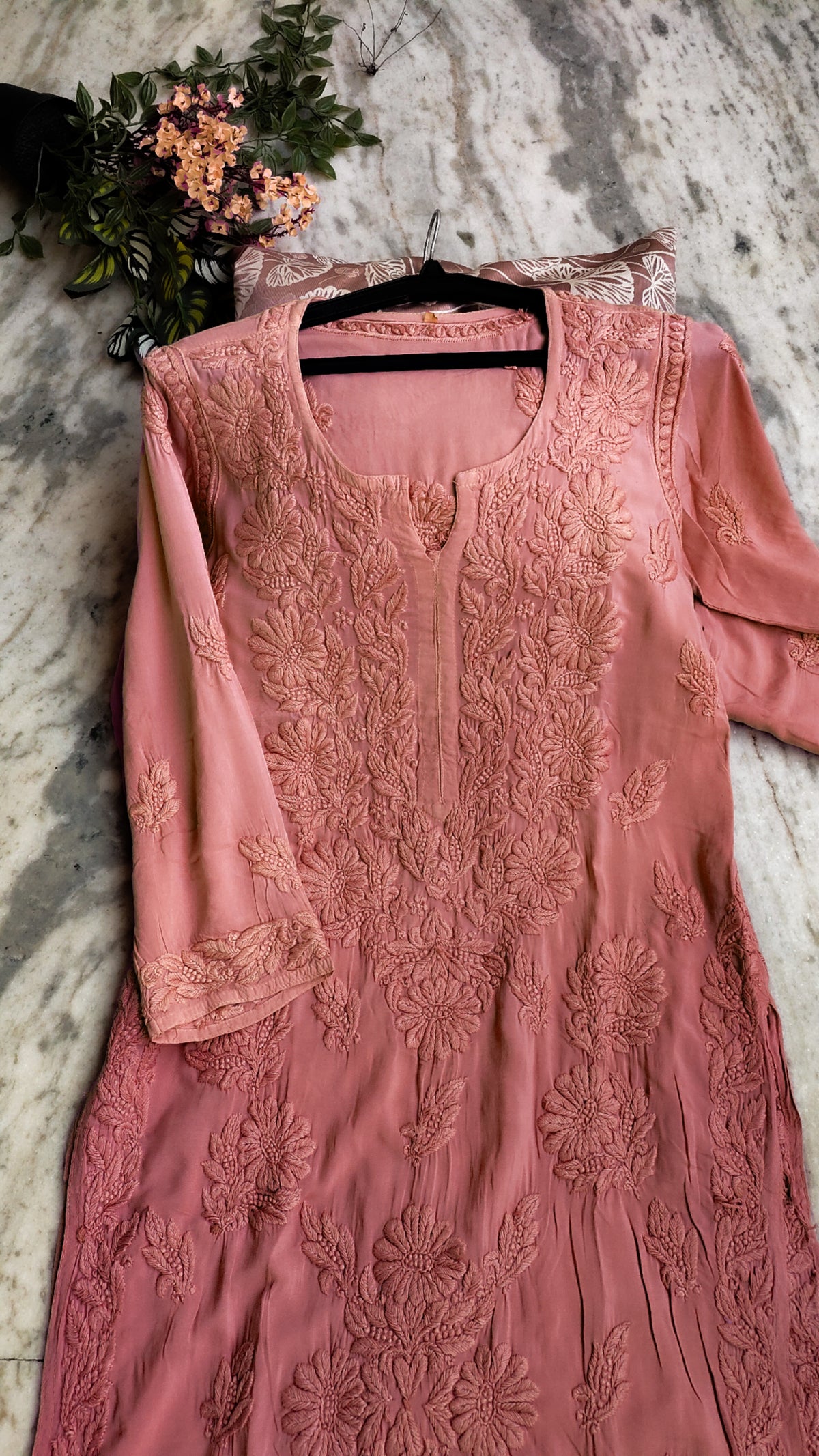 Chestnut LVW Fashions long handmade Chikankari kurta in pure, soft luxury fabric, featuring intricate Lucknow embroidery design.